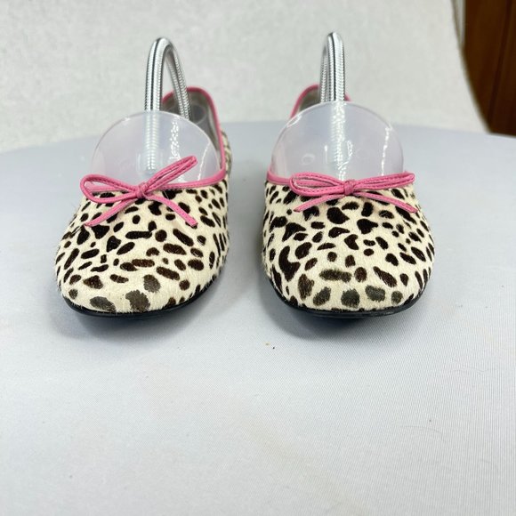 NORDSTROM Girls 3 Leather Flats Ivory Calf Hair Animal Print Pink Trim Spring - Picture 3 of 9